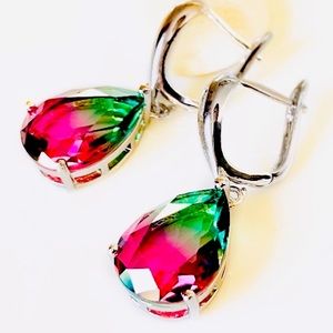Watermelon Tourmaline Teardrop Dangle Hoop Earrings, NWT